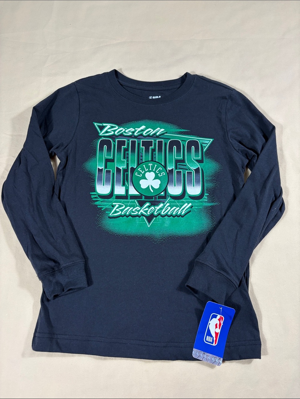 NBA Boston Celtics Kids Long Sleeve Graphic T-Shirt Black Green Size S 6/7 New
